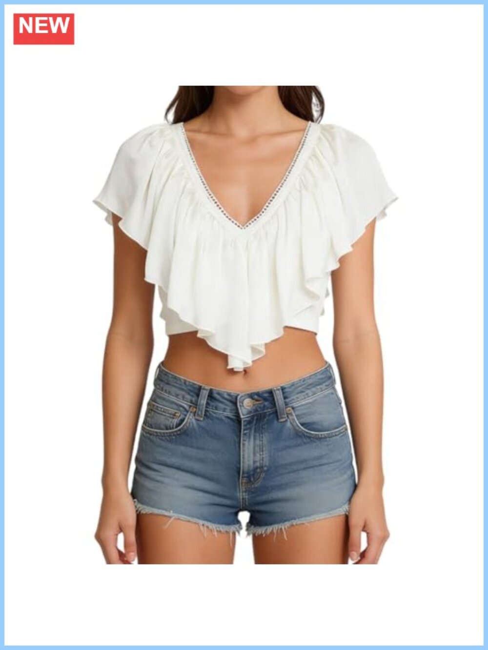 Y2K Ruffled V Neck Crop Top Frill Trim Tie Back Going Out Top